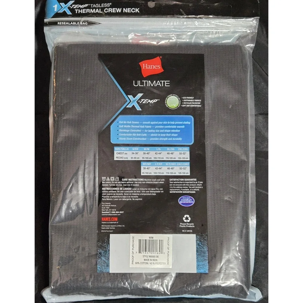 Hanes Ultimate X-Temp Mens Black Thermal Crew Neck Waffle Knit Top W8885 BK M